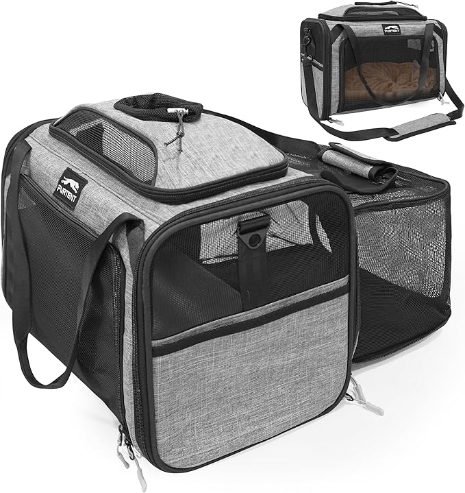 Cat Carrier, Airline Approved Dog Carrier with Top and Side Expansion, 360° Ventilation Soft-Sided Cat Carrier with Safety Leash, Foldable Travel Carrier for Small Cats and Dogs,Grey