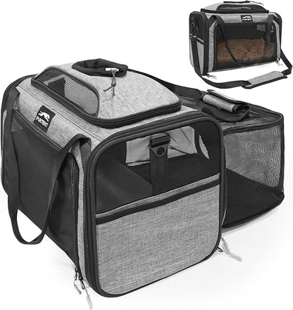 Cat Carrier, Airline Approved Dog Carrier with Top and Side Expansion, 360° Ventilation Soft-Sided Cat Carrier with Safety Leash, Foldable Travel Carrier for Small Cats and Dogs,Grey