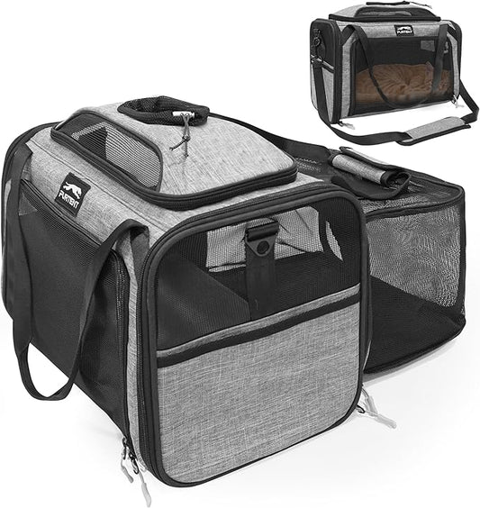 Cat Carrier, Airline Approved Dog Carrier with Top and Side Expansion, 360° Ventilation Soft-Sided Cat Carrier with Safety Leash, Foldable Travel Carrier for Small Cats and Dogs,Grey