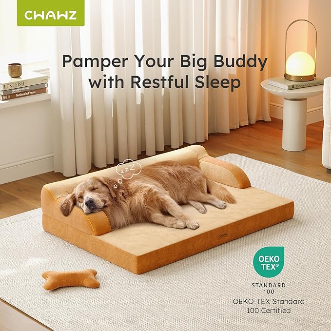 CWAWZ XXL Orthopedic Dog Bed, Big Dog Bed for Large Dogs, Dual-Sided Pet Cooling Beds with Memory Foam Washable Cover Nonslip Bottom, Waterproof Pet Couch with Bolsters, Brown