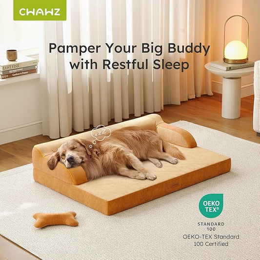 CWAWZ XXL Orthopedic Dog Bed, Big Dog Bed for Large Dogs, Dual-Sided Pet Cooling Beds with Memory Foam Washable Cover Nonslip Bottom, Waterproof Pet Couch with Bolsters, Brown