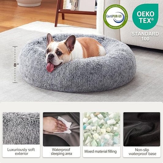 Donut Dog Bed Medium Size Dog, Round Cat Beds for Small Medium Dogs and Cats with Washable Fluffy Faux Fur, Cute Comfort Pet Bed with Anti-Slip Bottom, Grey, 24"