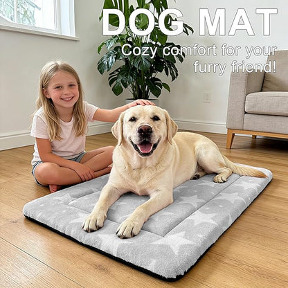 Dog Bed Mat – Soft & Comfortable Dog Kennel Pad for Crate – Durable Crate Bed & Mat for Dogs & Cats – Ideal for Crate, Kennel, and Home Use (Big&Little Stars Grey, L(35"*23"*1.5"))