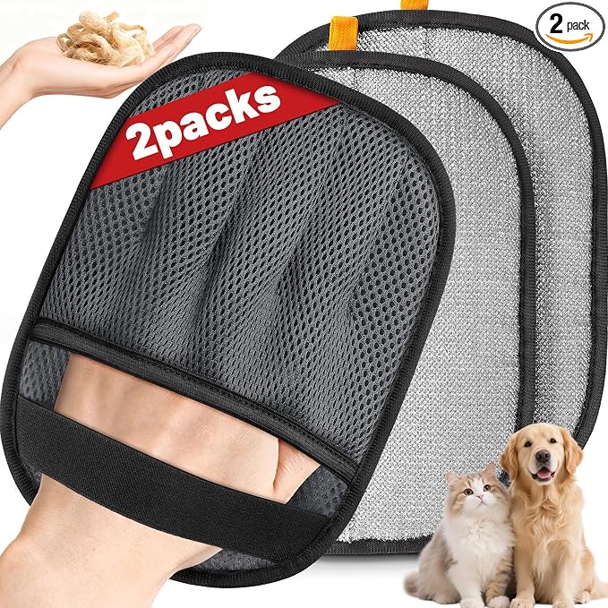 Pet Hair Removal Glove for Dogs & Cats, 2 Packs Five-Finger Grip, Grey | Reusable Washable Pet Hair Remover Tool, Lightweight Ergonomic Portable Dog Hari Remover for Couch, Carpet, Bed, Cloth