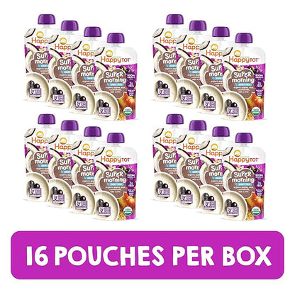 HAPPYTOT Organics Stage 4 Baby Food Pouches, Gluten Free, Vegan & Dairy Free Snack, Super Morning Fruit & Oat Blend, Apple, Acai, Coconutmilk, Oats & Chia, 4 Oz (Pack of 16)
