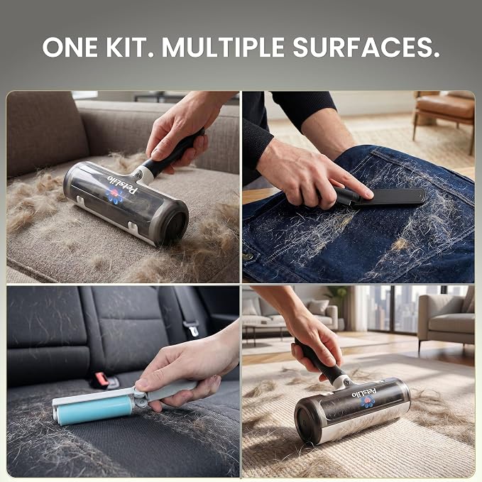 5-in-1 Kit Pet Hair Remover for Furniture & Couch - Reusable Lint Roller, Dog & Cat Fur Remover for Carpet, Car & Clothes, Mini Travel Roller, Grooming & Bath Brush Set for Sofa, Upholstery & Bedding