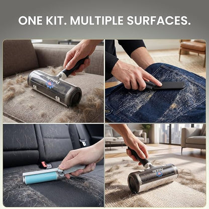 5-in-1 Kit Pet Hair Remover for Furniture & Couch - Reusable Lint Roller, Dog & Cat Fur Remover for Carpet, Car & Clothes, Mini Travel Roller, Grooming & Bath Brush Set for Sofa, Upholstery & Bedding