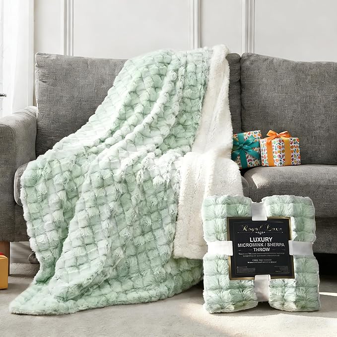 Royal Luxe Micromink Sherpa Throw Blanket for Couch, Fluffy Plush Reversible Throw Blanket for Sofa Bed Chair Room Decor - Luxury Soft Cozy Gifts for Women, 50 x 60 Inches, Green