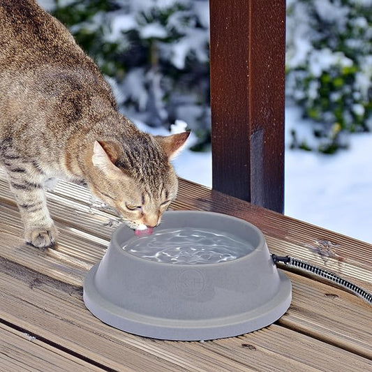 K&H Pet Products Thermal-Bowl Heated Water Bowl for Cats & Dogs Outside, Safety Listed Outdoor Heated Dog Dish for Pets, Automatic No Freeze, Anti Chew Cord - 32 Ounces Gray 12W