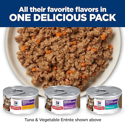 Hill's Science Diet Adult 1-6 Sensitive Stomach & Sensitive Skin Wet Cat Food, Variety Pack: Chicken, Tuna, & Duck, 2.9 oz. Cans, 12-Pack