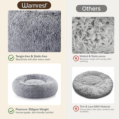 Donut Dog Bed Medium Size Dog 30 Inch, Round Cat Beds for Small Medium Dogs and Cats with Washable Fluffy Faux Fur, Cute Comfort Pet Bed with Anti-Slip Bottom, Grey