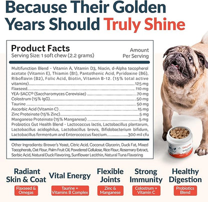 9-in-1 Senior Dog Supplement Multivitamin - Soft Dog Chews Treats for Joints, Energy, Digestion, Immunity | Probiotics, Colostrum, Omegas, Taurine – Duck Flavor - 120 Chewables