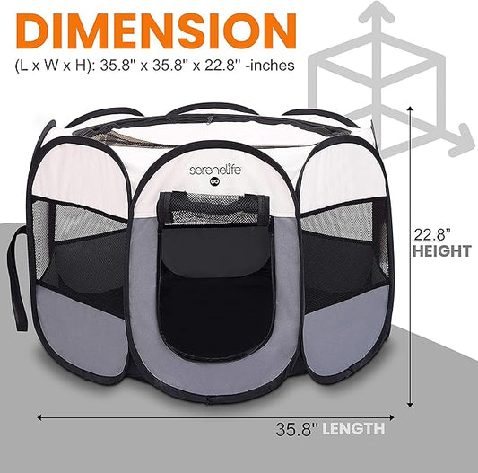 SereneLife ON-The-GO Foldable Portable Pet Tent 8-Panel Playpen for Dog & Cat w/Food/Water Bowl, Mesh, Pet House Indoor & Outdoor, Travel & Camping Pet Kennel Exercise Puppy Playground (Grey - Medium)