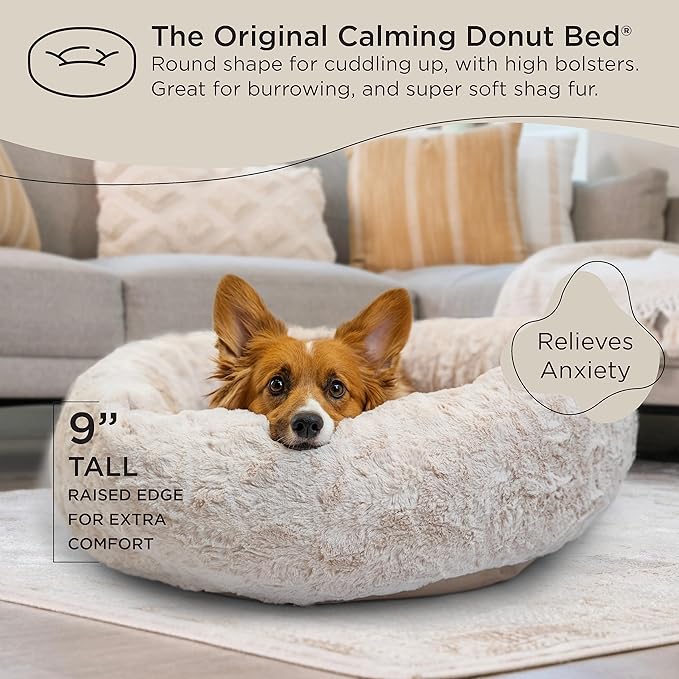 Best Friends by Sheri The Original Calming Donut Dog Bed for Medium Dogs up to 45 lbs, Lux Faux Fur, Oyster, Medium, 30" x 30"
