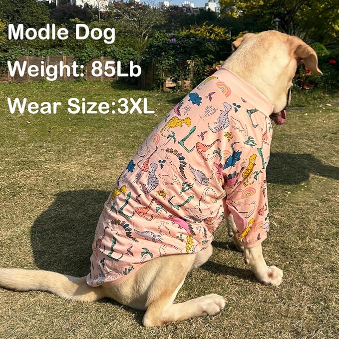 Dog T Shirts Cotton Dinosaur Pattern Prints Shirt Pajamas Pets Breathable Stretchy Apparel Clothes for Large Dogs (L,Pink Dinosaur)