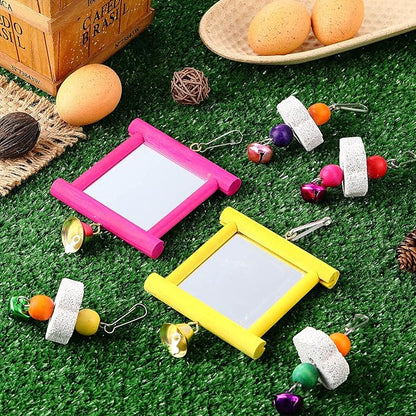 Sumind 2 Pieces Chicken Mirror Toys Hanging Swing Mirror with Bell Wooden Pecking Toy and 4 Pieces Beak Grinding Molar Stones for Hens Birds Parrots