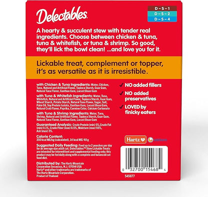 Delectables Lickable Treat Stew Wet Cat Treat Variety Pack, Food Topper, Hydrating, Grain-Free, No Fillers, No By-Products, No Added Preservatives, 1.4oz Pouch, 12ct