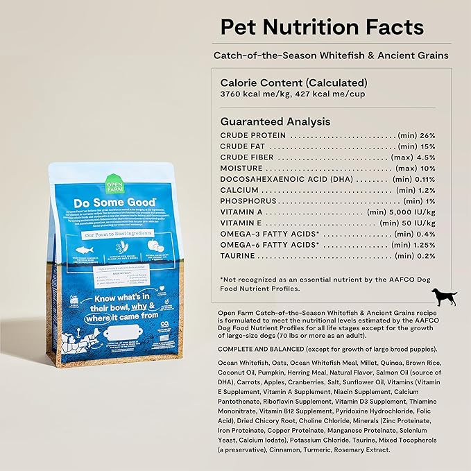 Open Farm, Ancient Grains Dry Dog Food, Protein-Rich & Nutrient Dense, 90% Animal Protein Mixed with Non-GMO Fruits, Veggies and Superfoods, Catch-of-the-Season Whitefish Recipe, 4lb Bag