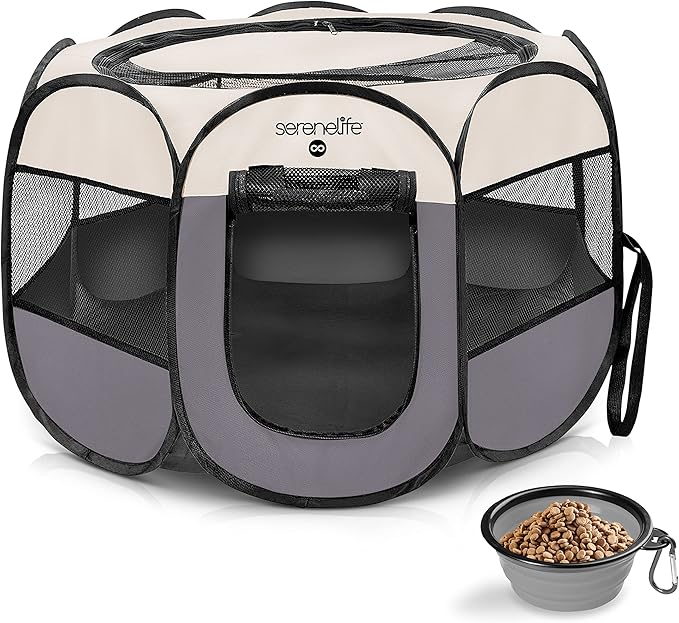 SereneLife ON-The-GO Foldable Portable Pet Tent 8-Panel Playpen for Dog & Cat w/Food/Water Bowl, Mesh, Pet House Indoor & Outdoor, Travel & Camping Pet Kennel Exercise Puppy Playground (Grey - Medium)