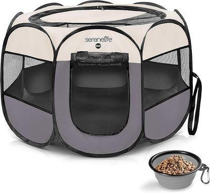 SereneLife ON-The-GO Foldable Portable Pet Tent 8-Panel Playpen for Dog & Cat w/Food/Water Bowl, Mesh, Pet House Indoor & Outdoor, Travel & Camping Pet Kennel Exercise Puppy Playground (Grey - Medium)