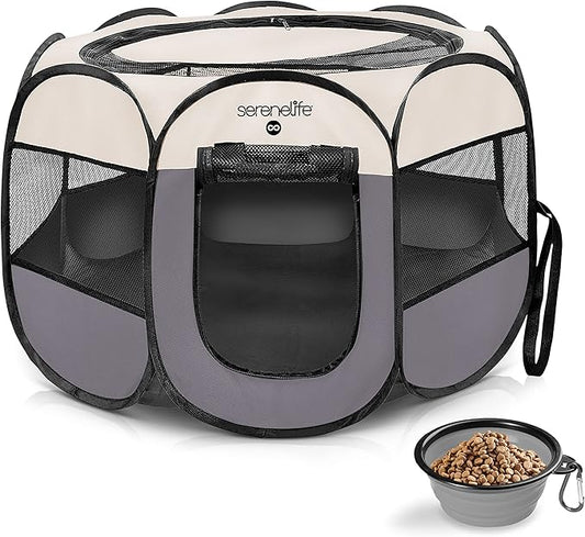SereneLife ON-The-GO Foldable Portable Pet Tent 8-Panel Playpen for Dog & Cat w/Food/Water Bowl, Mesh, Pet House Indoor & Outdoor, Travel & Camping Pet Kennel Exercise Puppy Playground (Grey - Medium)