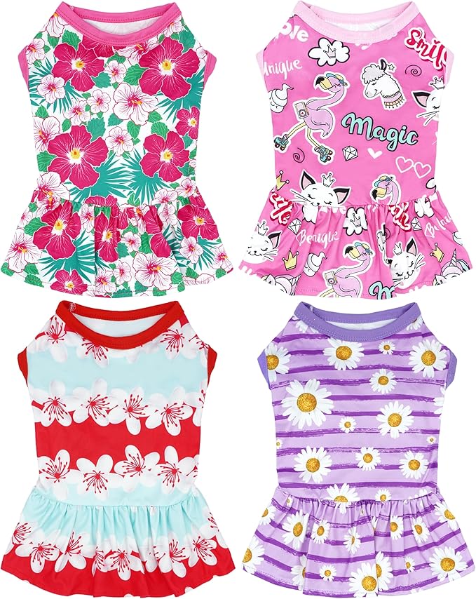4PCS Dog Dresses Shirts for Extra Large Dogs Girl Female Pink Purple Red Skirts Summer Clothes Pet Apparel Floral Sundress Small Daisy Unicorn Stretchable Lightweight Outfit XL