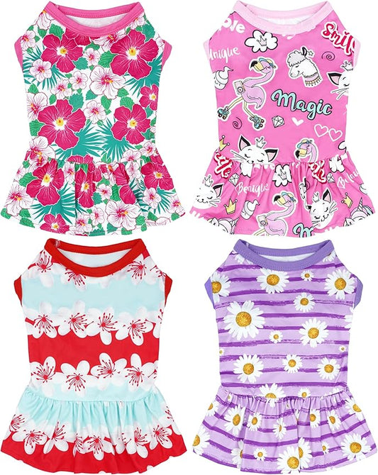 4PCS Dog Dresses Shirts for Extra Large Dogs Girl Female Pink Purple Red Skirts Summer Clothes Pet Apparel Floral Sundress Small Daisy Unicorn Stretchable Lightweight Outfit XL