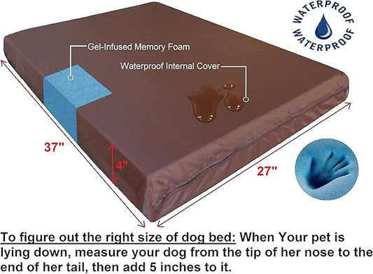Dogbed4less Ultimate Memory Foam Dog Bed, Orthopedic Joint Relief for Small Medium to Extra Large Dogs with Waterproof Liner and Durable Machine Washable Pet Bed Cover, Ballistic in Brown, Large 37x27
