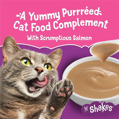 Friskies Purina Pureed Cat Food Topper,Lil’ Shakes with Scrumptious Salmon Lickable Cat Treats - 1.55 oz. Pouches,(Pack of 32)