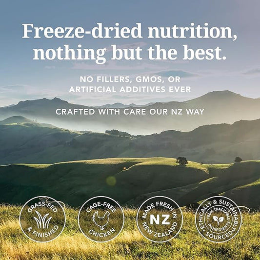 Feline Natural High Protein Dry Cat Food, Freeze-Dried Diet with 98% Meat, Organs & Seafood, No Peas, Grains, or Artificial Additives, Made in New Zealand, Chicken & Lamb, 3.5oz
