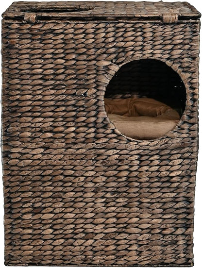 CHS1000B Jaxon 18" Modern Classic 2-Tier Handwoven Hyacinth Rectangular 5-Hole Cat Condo with 2 Machine-Washable Cushions, Brown