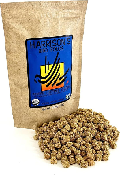 Harrison's Bird Foods Pepper Lifetime Coarse Certified Organic Non-GMO, Daily Pet Bird Food for Medium & Large Birds - Spicy Maintenance Formula for Parrots, Pinous, Eclectus, Macaws, etc, 454g / 1lb