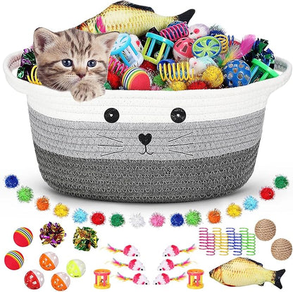 Zopeal 58 Pcs Easter Cat Storage Basket Gift Toys Set, Colorful Flashing Balls Pet Bell Crinkle Balls Spring Toys Attract Cat to Swat, Hunt, Interactive for Pet(Multicolor,12 Inch)