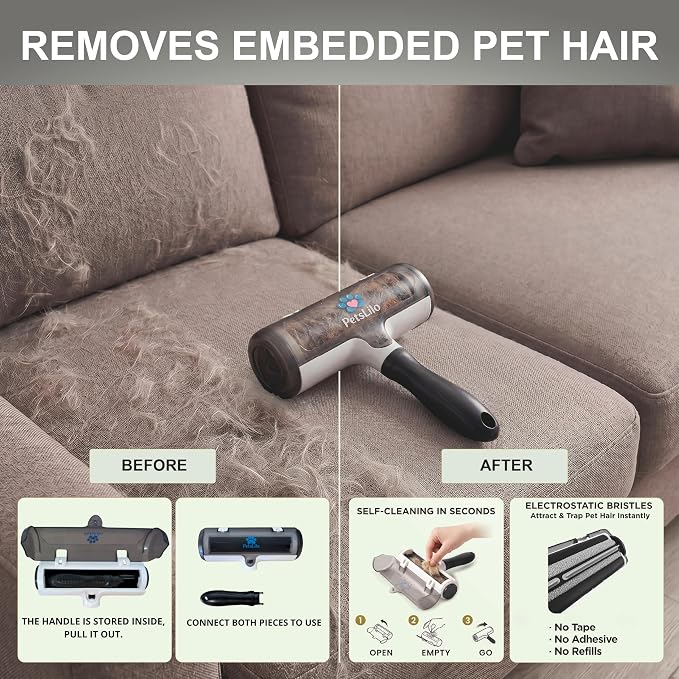 5-in-1 Kit Pet Hair Remover for Furniture & Couch - Reusable Lint Roller, Dog & Cat Fur Remover for Carpet, Car & Clothes, Mini Travel Roller, Grooming & Bath Brush Set for Sofa, Upholstery & Bedding