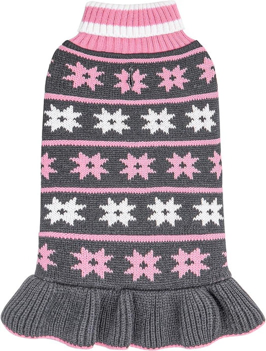 KYEESE Dog Sweater Warm Dogs Clothes Fall Winter Pet Coats Dog Sweater Dress with Classic Snowflake Pattern for Small Dogs Turtleneck Pullover Knit for Girl Pet Sweater with Leash Hole, Grey, Medium