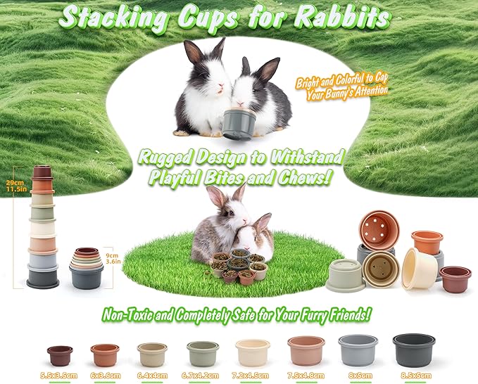 HIIMALEX 8-Pcs Bunny Toys Stacking Cups for Rabbit Foraging and Play Bunny Essential Toys Safe Plastic Accessories for Small Animals Rabbits