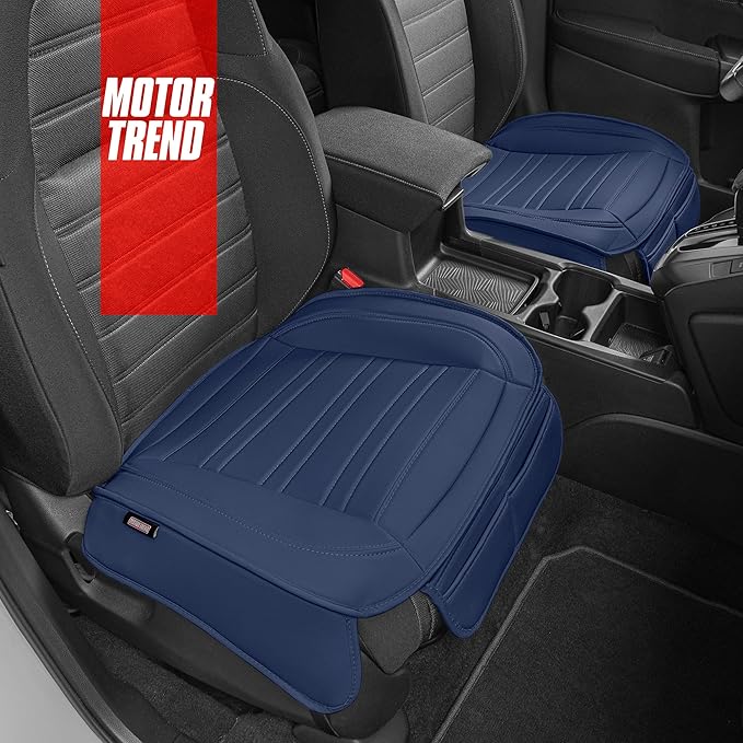 Motor Trend Seat Covers for Cars Trucks SUV, Faux Leather 2-Pack Blue Padded Car Seat Covers with Storage Pockets, Premium Interior Car Seat Cover
