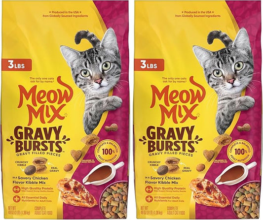 Meow Mix Gravy Bursts Dry Cat Food,Chicken,3 LB Bag,(Pack of 2)