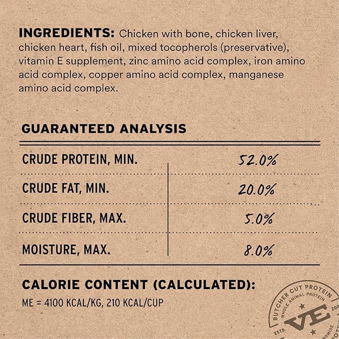Vital Essentials Freeze Dried Cat Food, Raw Chicken Crunchy Nibs Complete Meal or Mixer High Protein, Low Carb, Grain Free, Dry Cat Food 12 oz , (Pack of 2)