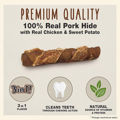Cadet Gourmet Triple Chews Long-Lasting Pork Hide Sticks with Sweet Potato and Chicken, Healthy Dog Treats for Small & Large Dogs, 6 Count