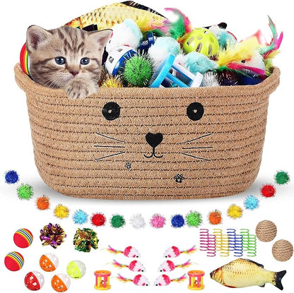 Zopeal 58 Pcs Easter Cat Storage Basket Gift Toys Set, Colorful Flashing Balls Pet Bell Crinkle Balls Spring Toys Attract Cat to Swat, Hunt, Interactive for Pet(Khaki,9.8 Inch)