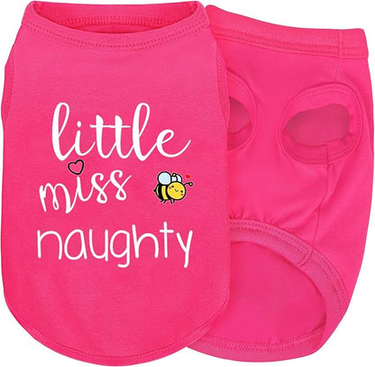 Pink Cotton Dog Shirt with 'Little Miss Naughty' Bee Print, Soft & Breathable Pet Apparel for Small to Large Dogs, All-Season Sleeveless Vest, Cute and Comfortable Dog Outfit.Pink S