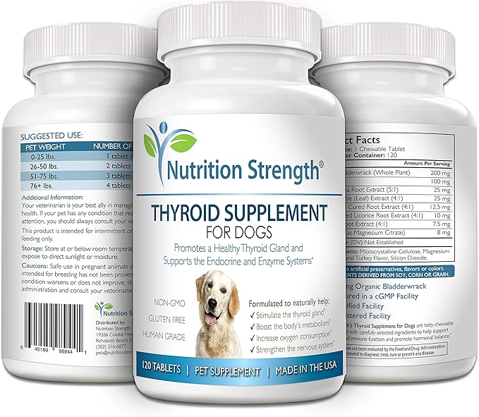 Thyroid Supplement for Dogs, Support for Hypothyroidism in Dogs with Organic Bladderwrack, Promotes Normal Function of Endocrine and Enzyme Systems, 120 Chewable Tablets