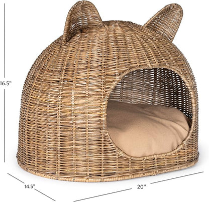 CBD1000A Cat Ear 20" x 14.5" Coastal Handwoven Rattan Cat Bed with Machine-Washable Cushion, Natural