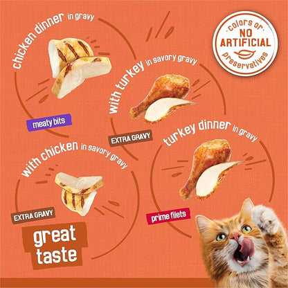 Purina Friskies Wet Cat Food Gravy, TurChicken Extra Gravy Chunky, Meaty Bits and Prime Filets - 5.5 oz. Cans (Pack of 80)