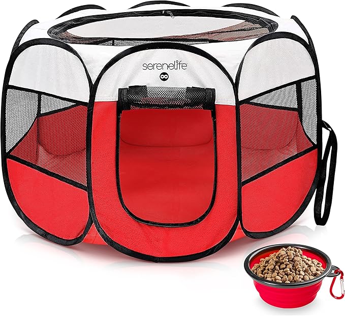 SereneLife On-The-Go Foldable Portable Pet Tent 8-Panel Playpen for Dog & Cat w/Food/Water Bowl, Mesh Exercise Puppy Playground, Pet House Indoor & Outdoor, Travel & Camping Pet Kennel (Red- Medium)