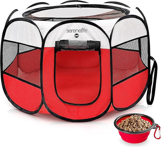SereneLife On-The-Go Foldable Portable Pet Tent 8-Panel Playpen for Dog & Cat w/Food/Water Bowl, Mesh Exercise Puppy Playground, Pet House Indoor & Outdoor, Travel & Camping Pet Kennel (Red- Medium)