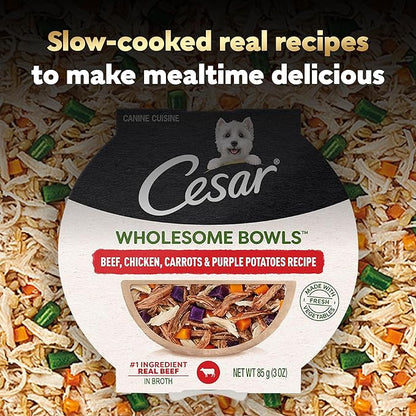 Cesar Wholesome Bowls Adult Wet Dog Food,Beef,Chicken,Purple Potatoes & Carrots,Wet Food for Dogs,3 Oz. Bowls,10 Count (Pack of 2)