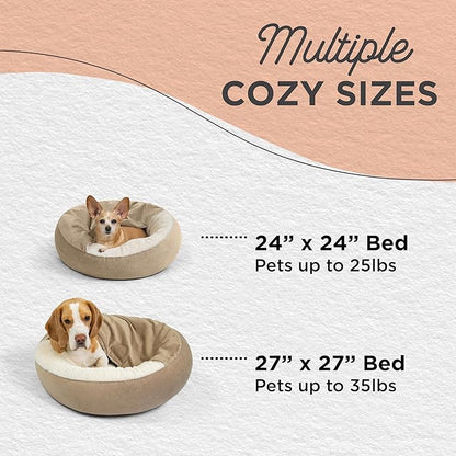 Best Friends by Sheri Cozy Cuddler Ilan Covered Cat and Dog Bed with Attached Blanket, Wheat, 24"x24"