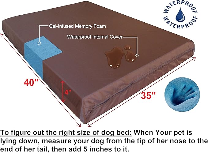 Dogbed4less True Orthopedic Memory Foam Dog Bed with Waterproof Liner for Medium to Large Pet, Heavy Duty Denim in Brown External Cover, Gel Cooling Human Grade XL 40"X35"X4" Pad